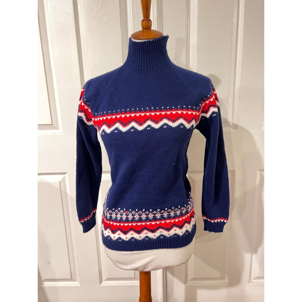 Vintage Hand Knit Made Blue Fairisle Sweater Sz Small 60S‎ 70S Nordic Winter